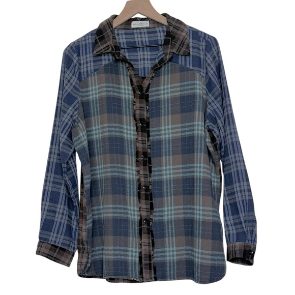 Natural Life Colorblock Plaid Flannel Button Up Fringed Shirt Medium Cozy Boho - Picture 2 of 8